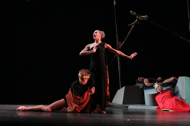 'Electra', Clytemnestra's other daughter,  Jennifer DePalo, with 'Orestes', her brother, Tadej Brdnik, plot to kill their mother.