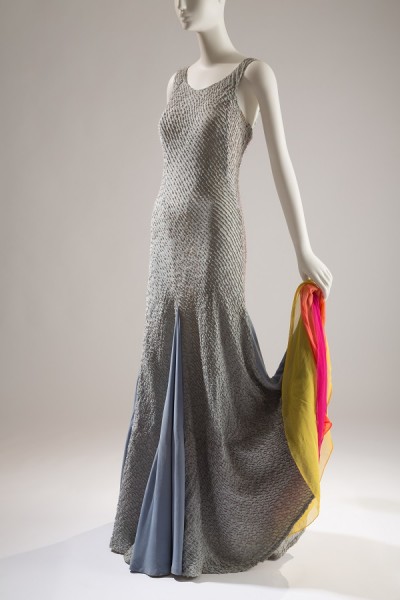 Elsa Schiaparelli. Light blue evening gown with wired pintucks and interior colored ruffles at flared hem, mid-1930s, France. Beverley Birks Collection, photo &Acirc;&copy; The Museum at FIT.