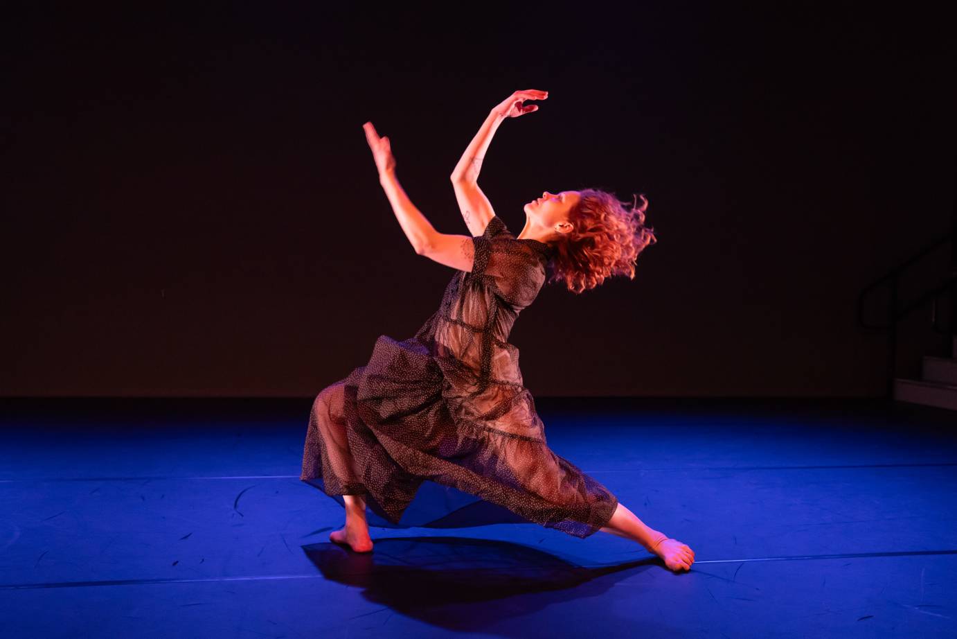 A woman with long full hair wearing a sheer black dress in profile lunges on her right leg and looks up at her tossed arms.