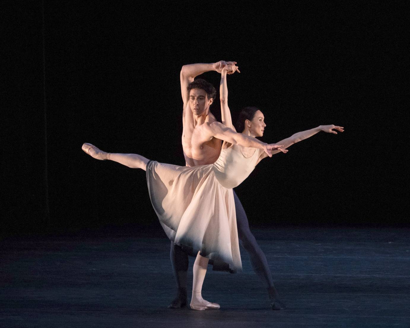 A couple, he barechested, she in a nude leotard and skirt, entwine. She, in arabesque faces one diagonal while he faces another. His arm slices in front of her shoulders while he takes her fingers with his other hand.