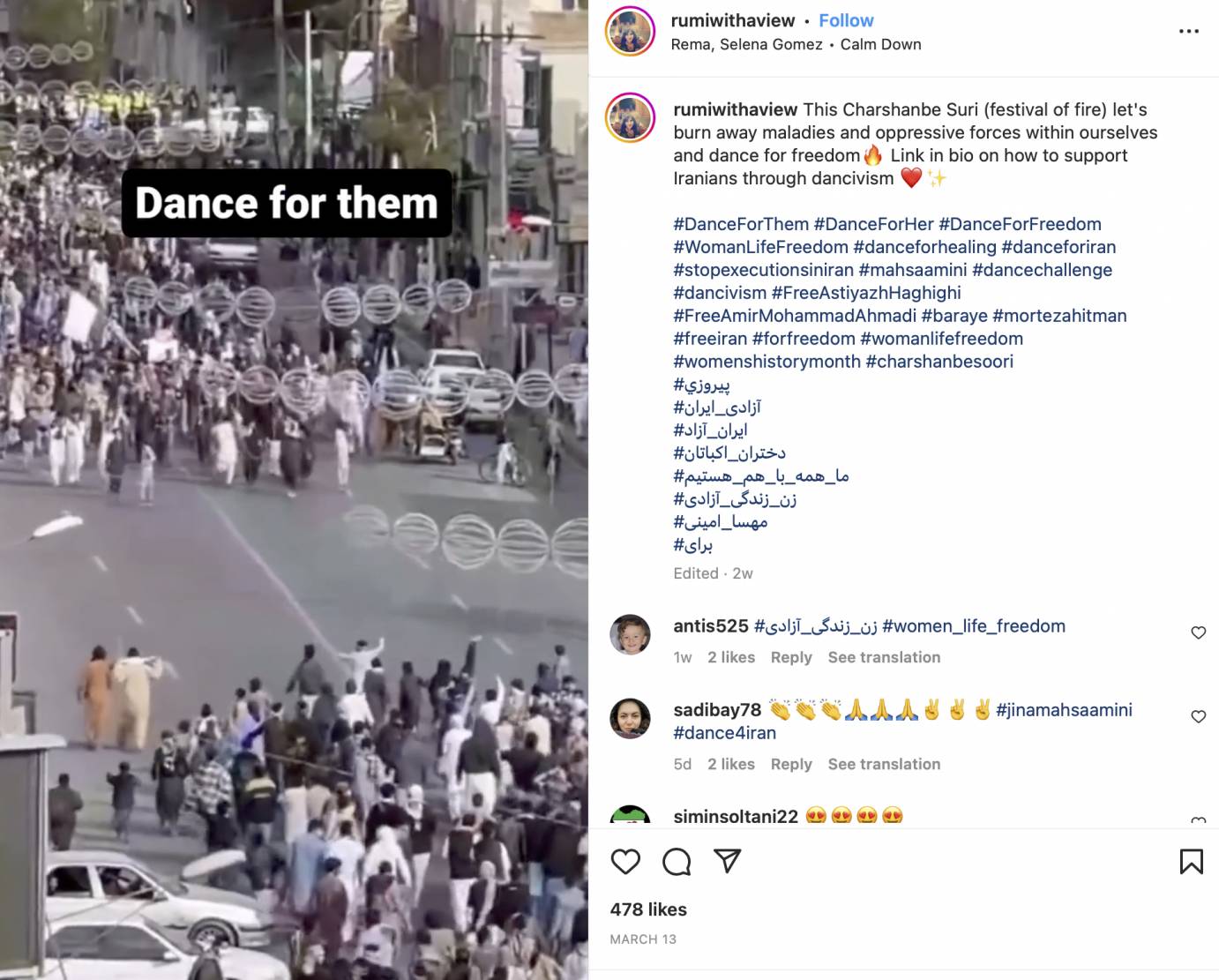 crowds protest for rights on the city streets of Iran.