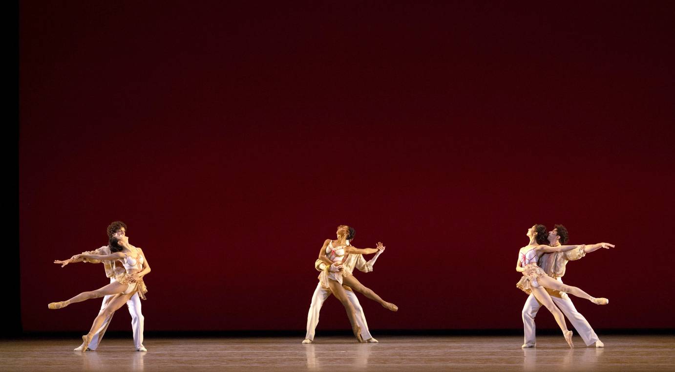 3 couples, men holding women in a forward leaning arabesque balance