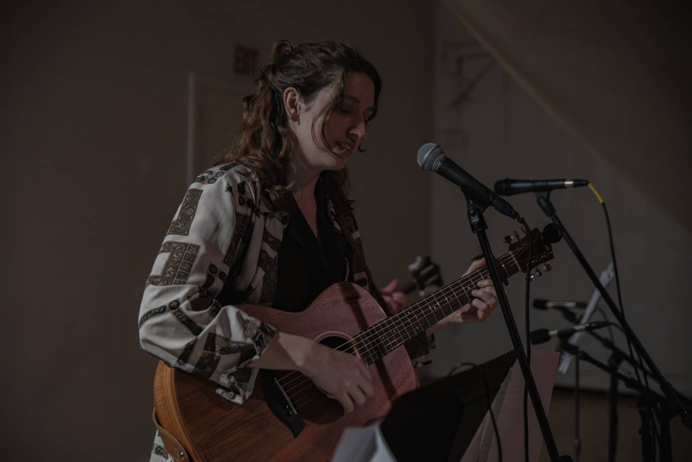A long, brown-haired woman wearing a loose blouse holds a guitar and sings into a microphone.