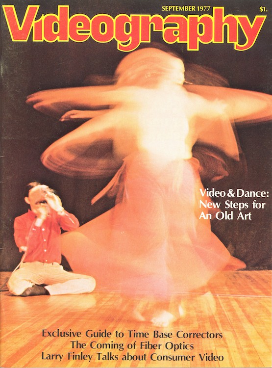 a cover of Videography magazine showing a dancer not completely in focus because she is spinning and a videographer seated on the floor filming her.