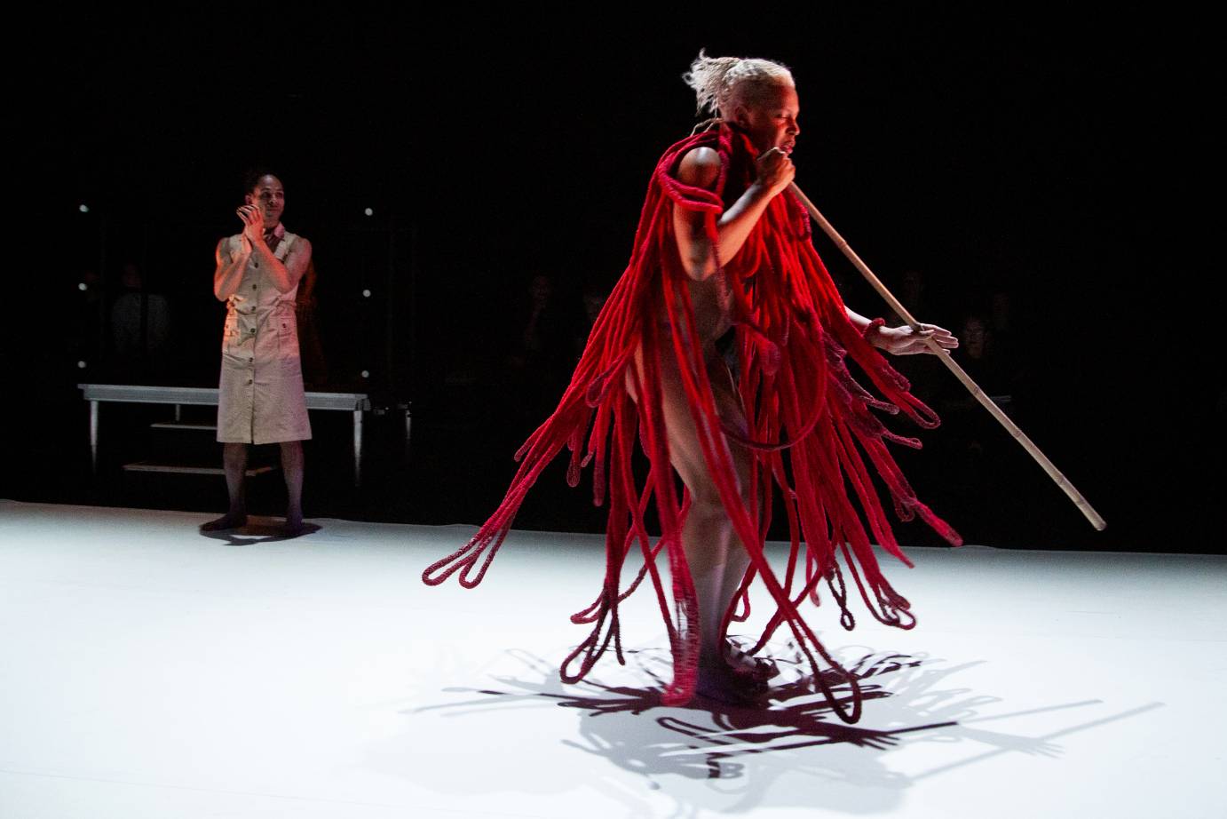 Long, red cords afixed to neck piece swirl around a tall man carrying a stick. Another performer situated behind the stick carrier signs.