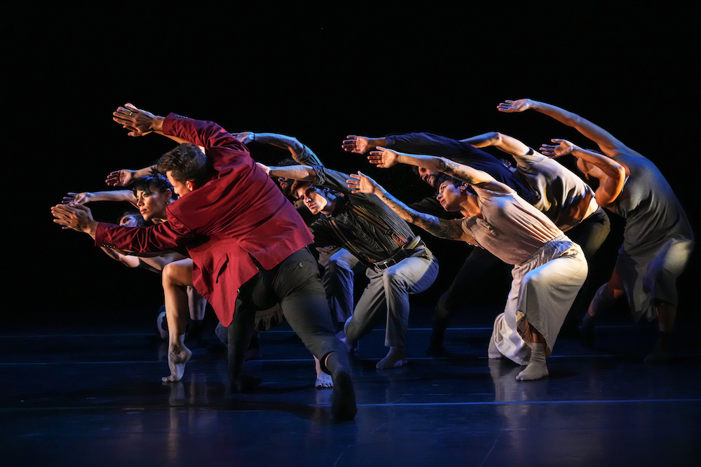 the entire company wearing shades of gray except for a dancer with his back to us in a burgundy jacket. all lean to their right in a low crouch. they extend their arms to that direction as well leaning into the side light