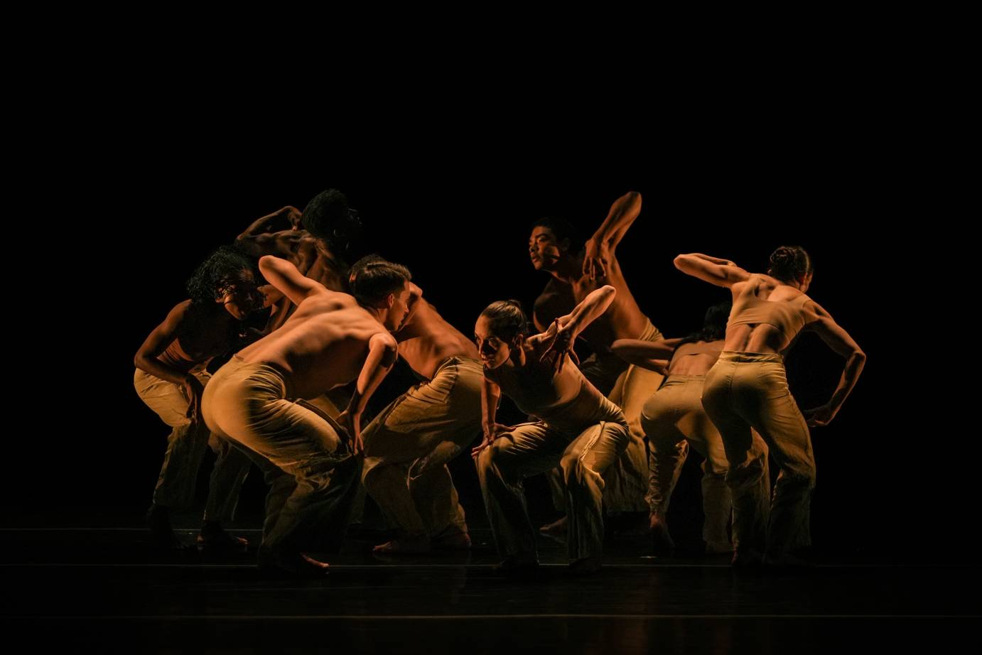 Many dancers grouped together with elbows up facing in different directions. Their bared or half-clothed torsos and legs in tan pants are bathed in a golden glow.