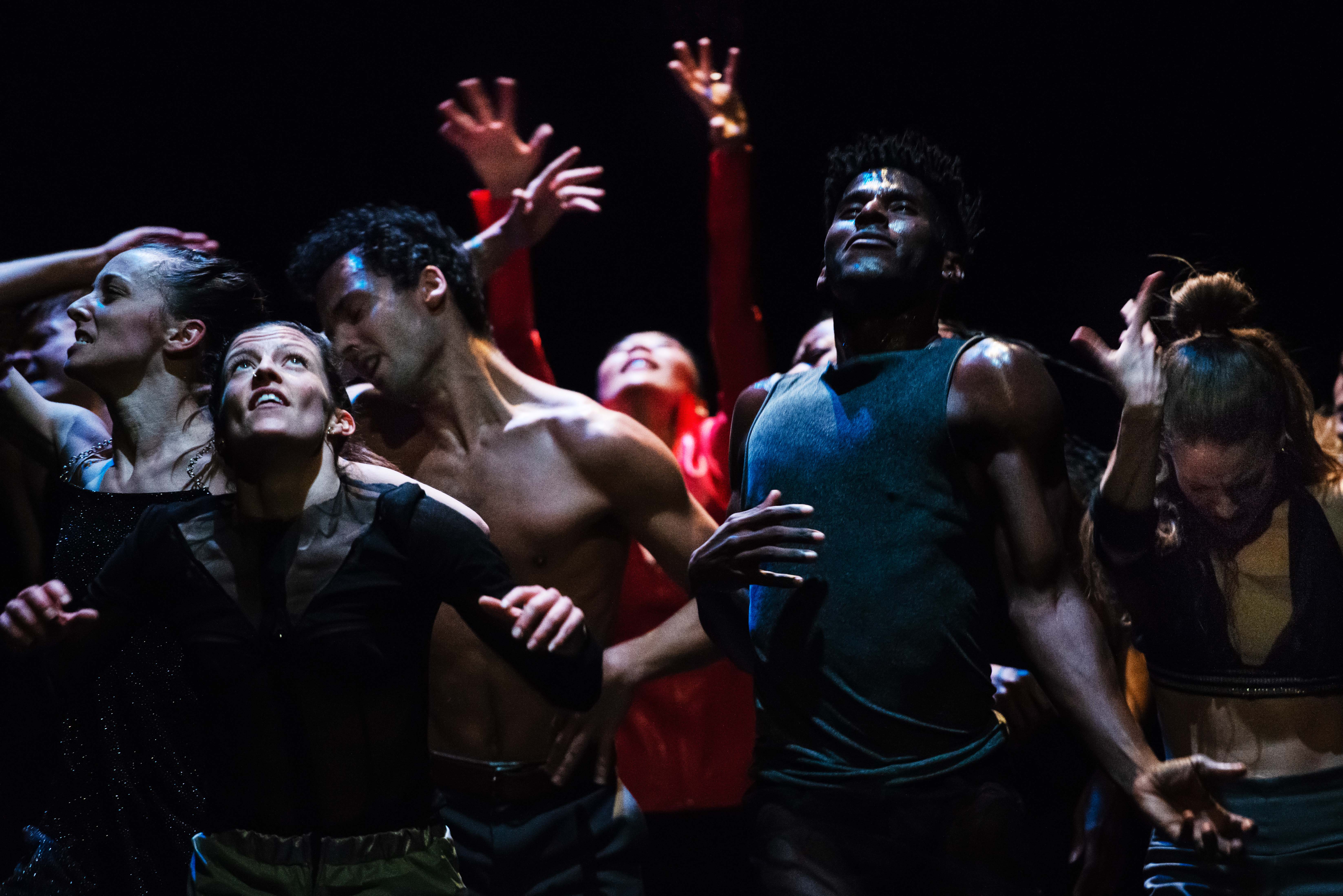 The company of dancers looking up, out, down, with fingers splayed resting on top of the head or curled in front of a body.