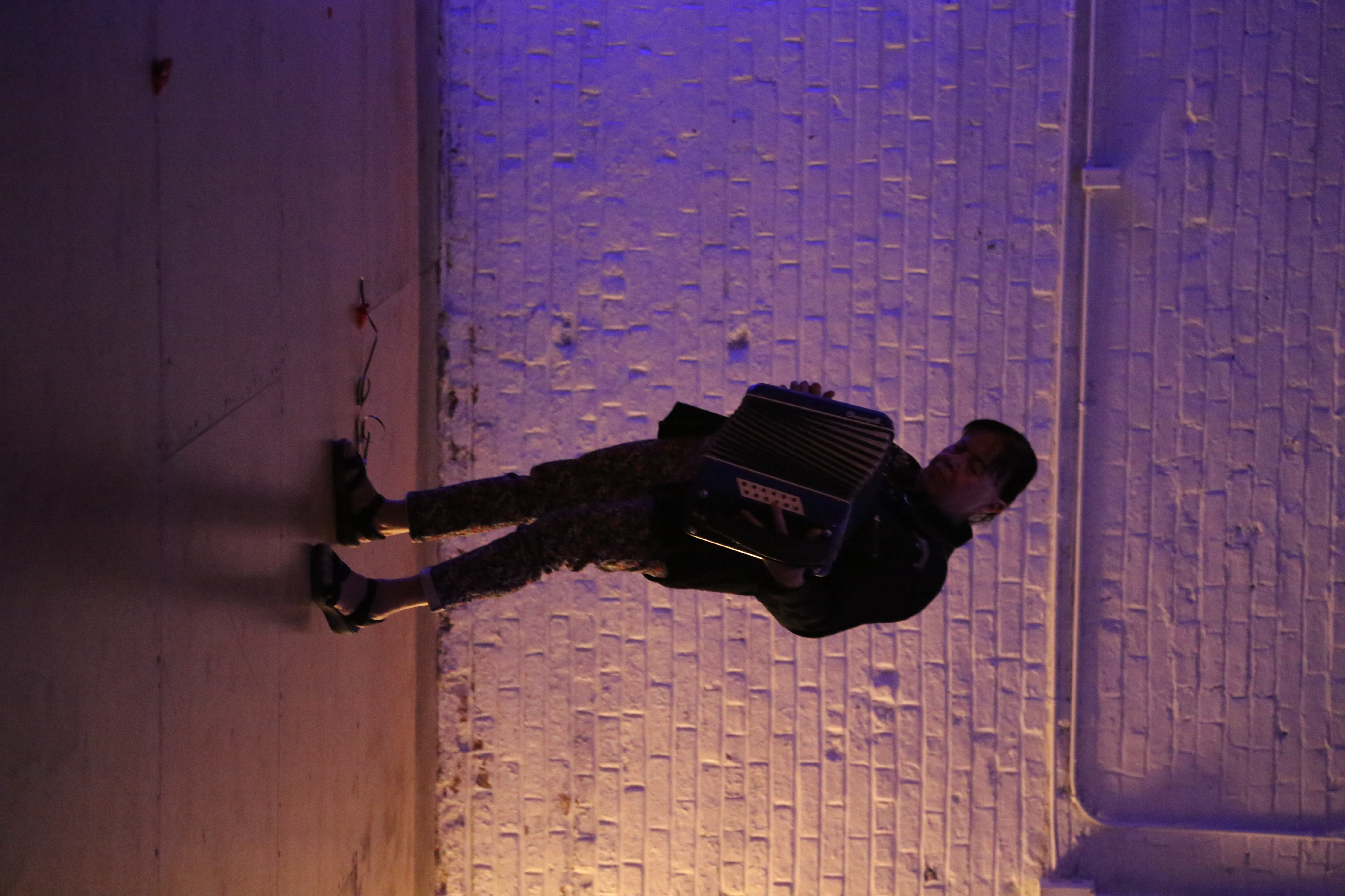 A man with an accordian stands in silhouette against a white brick wall.