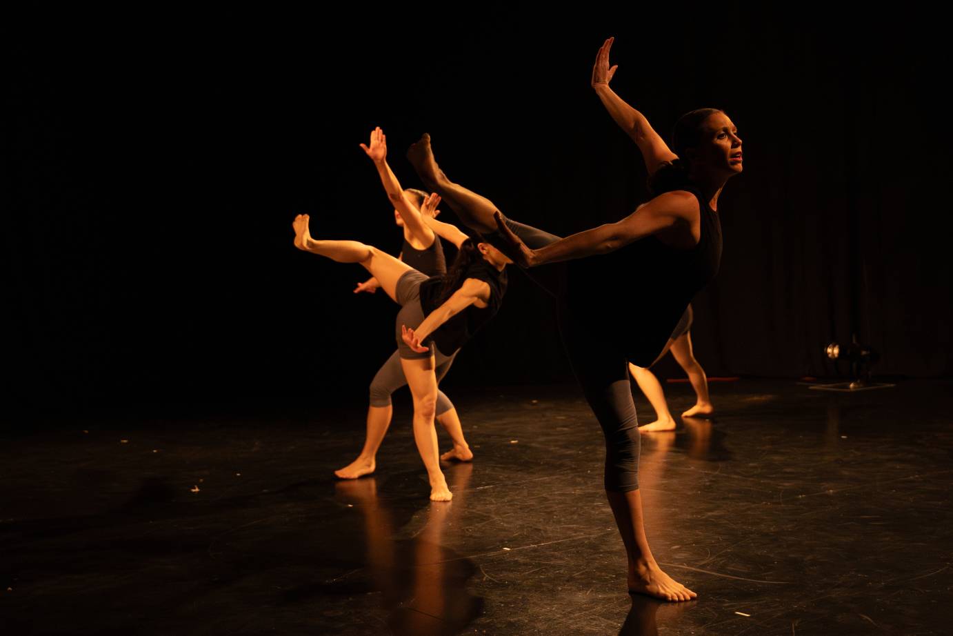 A woman in the foreground thrusts her chest foreward, arms behind, in a back arabesque. Others in the background are lifting legs and arms to create a spiked effect.