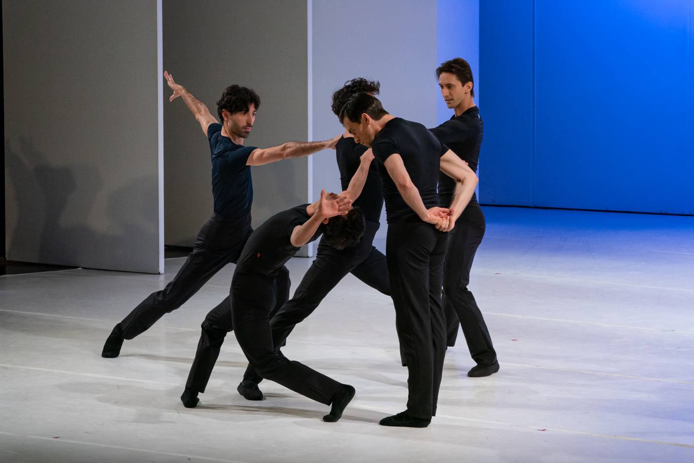 Five men dressed in black shirts and pants against a blue background huddle. One man looks down while another extends his arms on the diagonal.