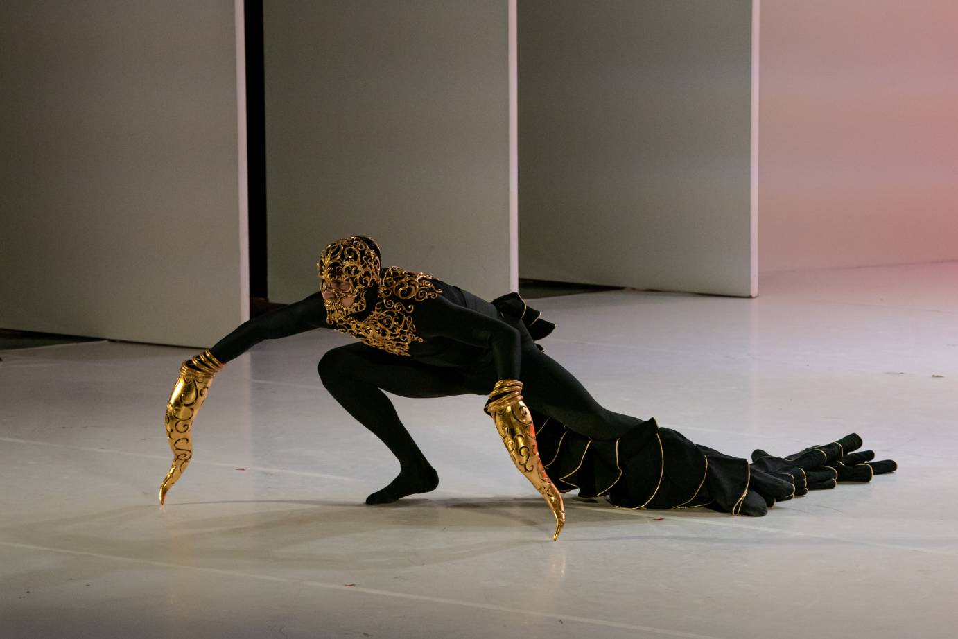A masked dancer resembling the face of a bull, with hands covered by long, gold bull horns lunges deeply. His back leg is covered by a thick, black ruffled tail.