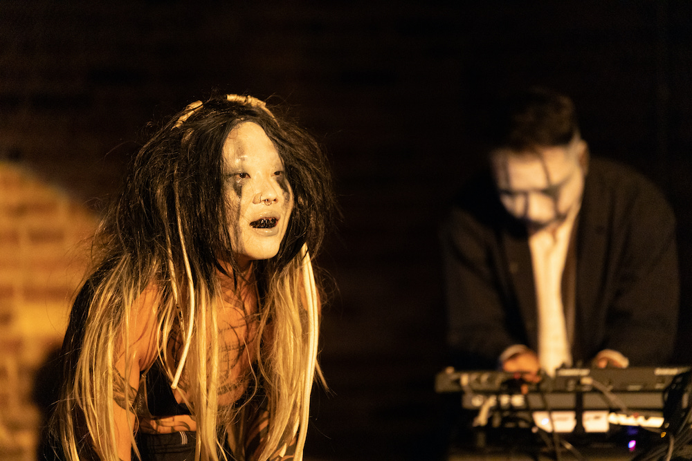 a woman, her face painted white with black triangles streaking down her face from her eyes ( like tears) stares out into the audience.. her teet are black , her hair is disheveld a mass of black and long blonde... she appears surreal and as if she is speaking to us, behind her, to her left,  but out of focus, is a person with a painted white face with black stripes playing an electronic audio board