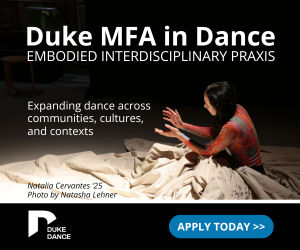 painted dancer on floor with their back towards us their legs covered in rippled muslin an ad for duke 